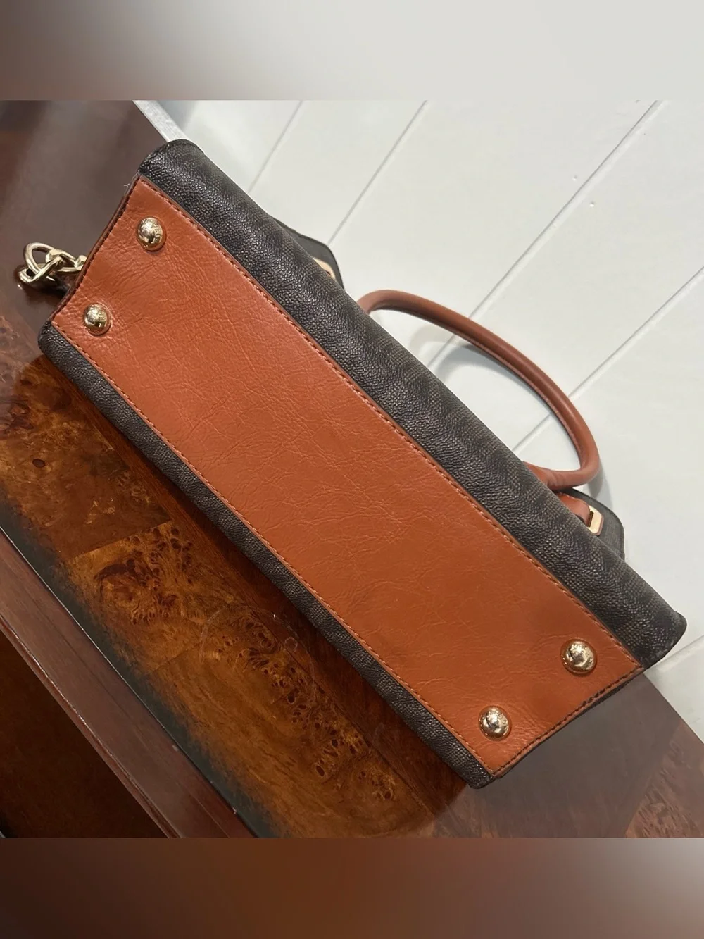 Michael Kors Hamilton Satchel Brown Monogram Canvas Tan Leather Gold Padlock Bag